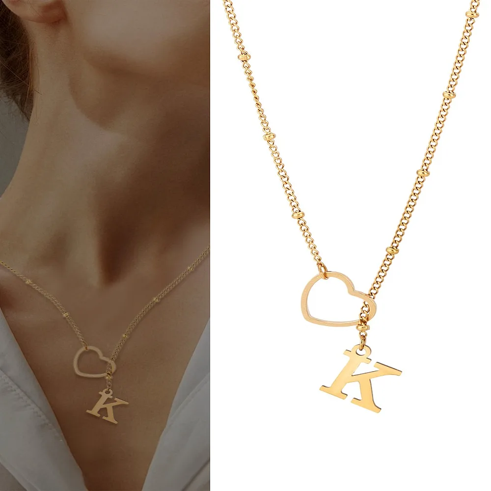 

1Pc Letter Heart Stainless Steel Lariat Necklaces for Women Golden Letter K 16.30~16.63 inch(41.4~42.25cm)