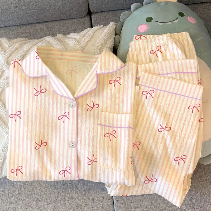Spring and Autumn New Bow High-Value Pajamas for Women, Long-Sleeve Sets, Girl's Wrinkled Loungewear, Comfortable and Breathable