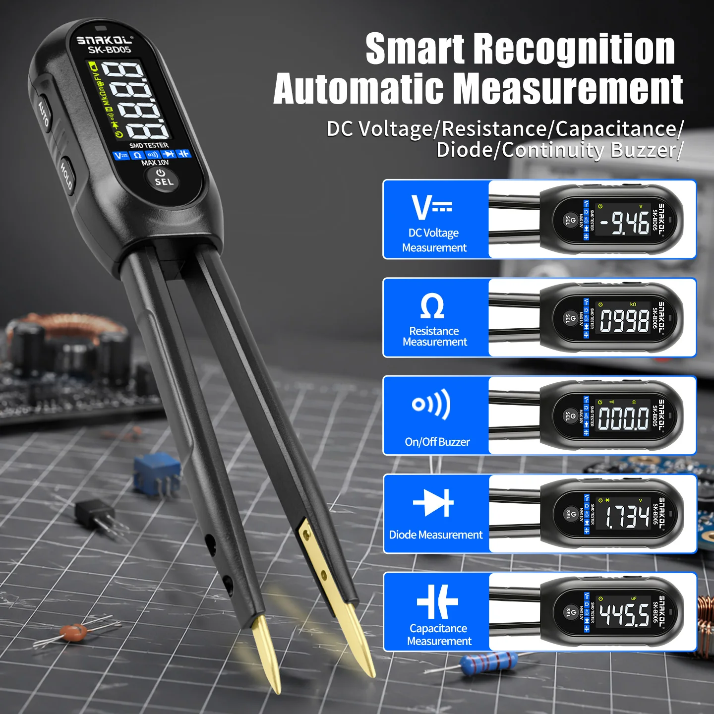 SNAKOL SK‑BD05 SMD Component Tester Tweezers 6000 Counts Resistor Capacitor Diode Tester Rechargeable 3.7V SMD Testing Tool