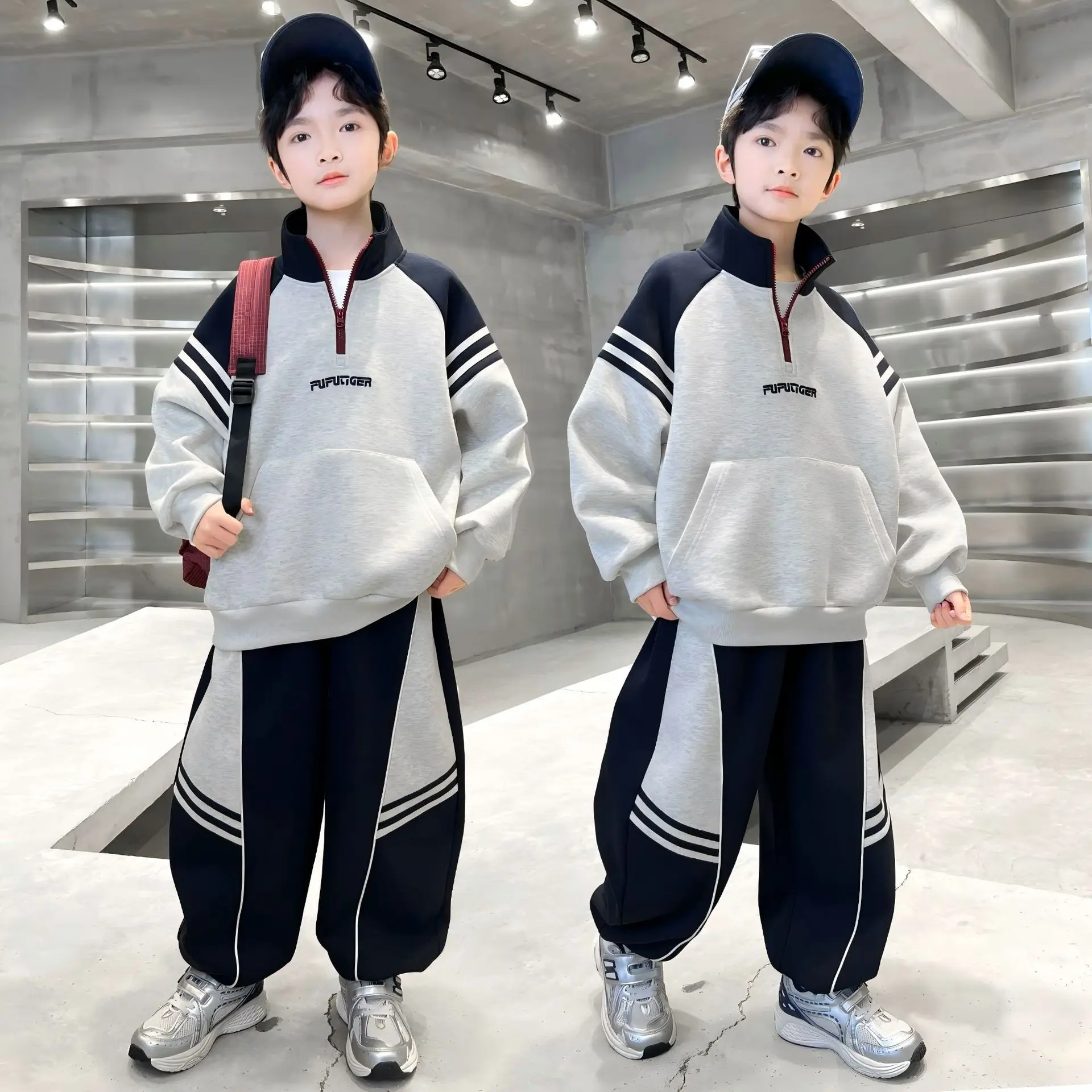 New Autumn Winter Boys Teenager Cloth Children Set Suit Striped Sweatshirt Top + Wide Leg Pant Tracksuit 4 8 10 12 14 Years