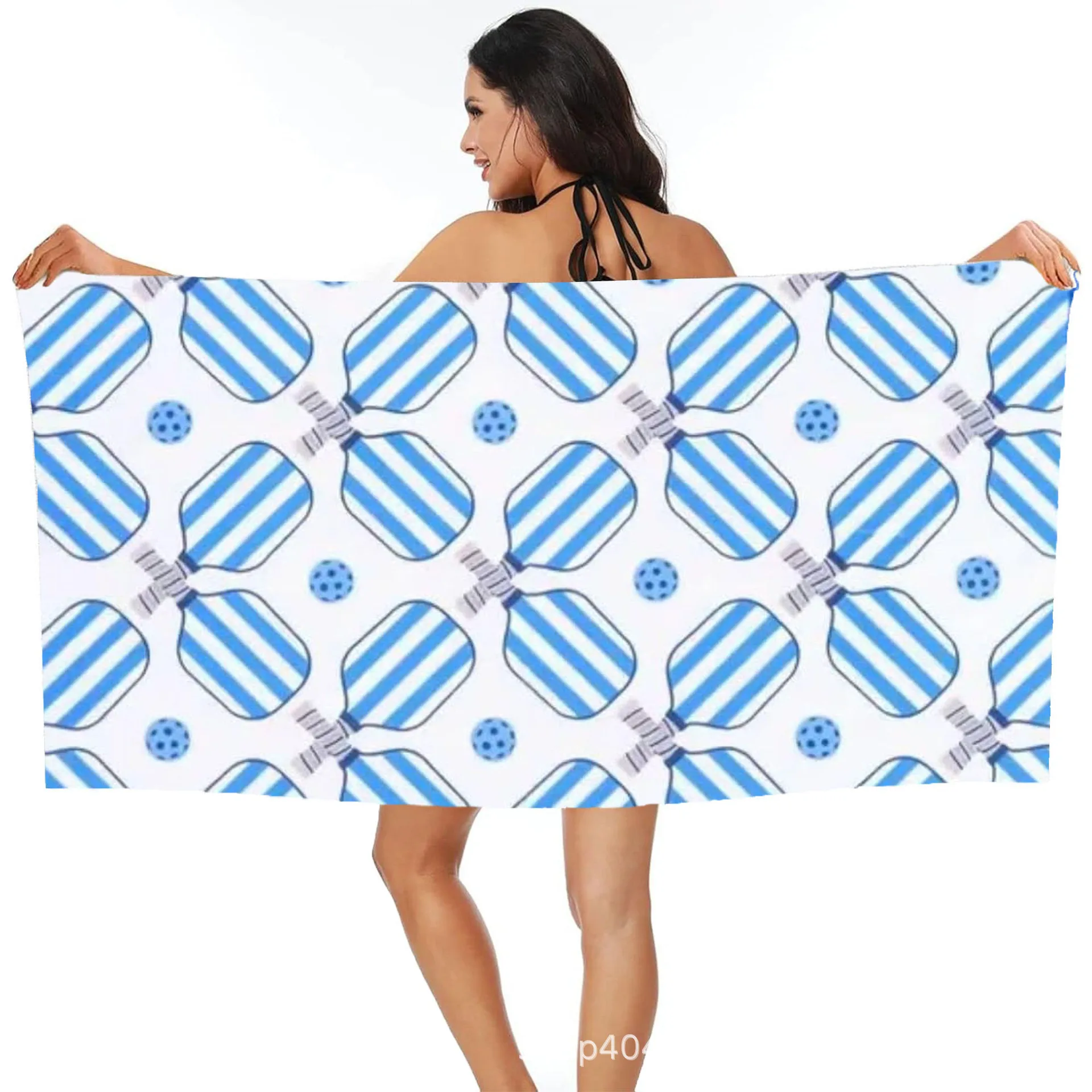 Preppy Style Pickleball Paddle Beach Towel, Blue White Stripe Design Absorbent Microfiber Towel