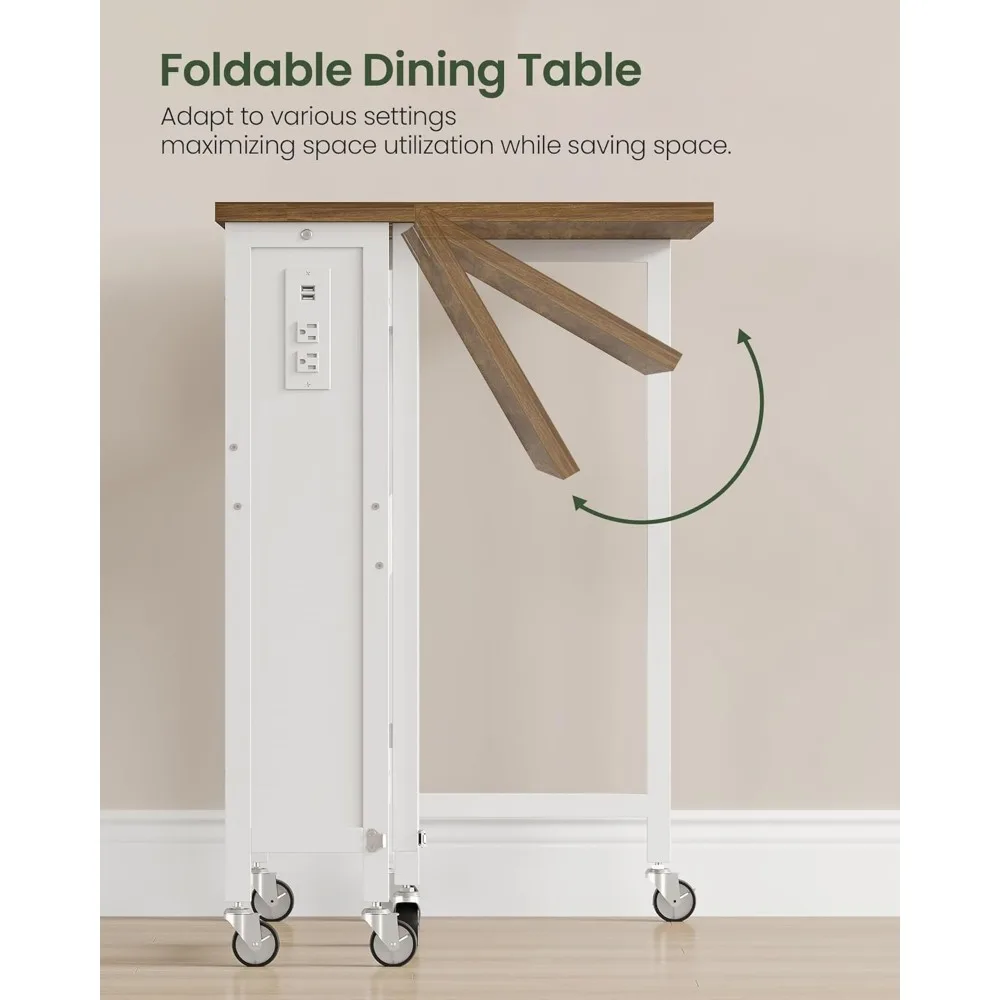 Mesa dobrável de 31,5 polegadas com tomadas elétricas, rodas e armazenamento para espaços pequenos em marrom rústico e branco