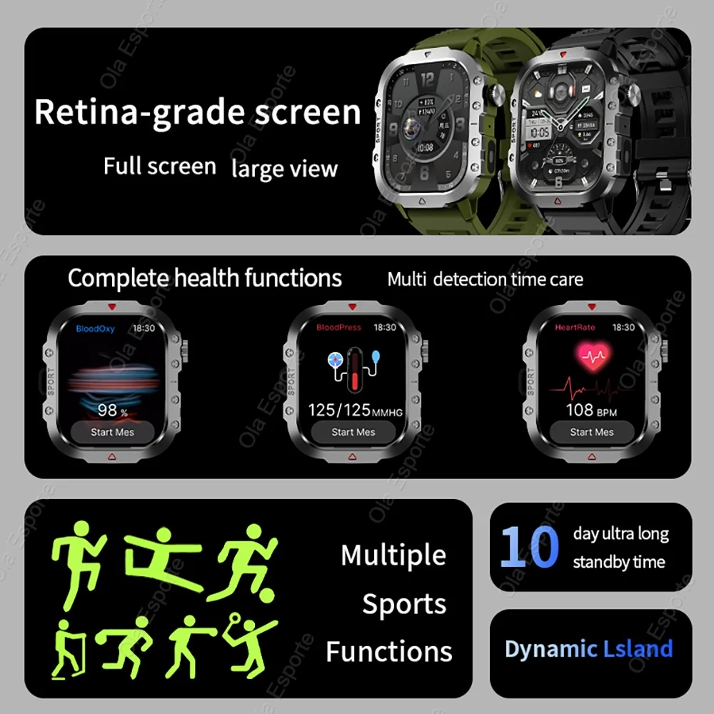 New Outdoor Sports Smartwatch 2.01 inch HD Screen LED Flashlight Bluetooth Talking Health Monitoring Smart Watch Men Women Gifts