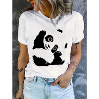 Women's Casual Round Neck T-Shirt with Cute Panda Print Animal Pattern Harajuku Short Sleeve T-Shirt for Spring Summer and Fall