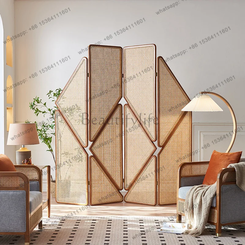 Nordic rattan solid wood screen wabi-sabi living room characteristic partition hotel