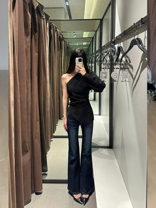 Jeans a Zampa d'Elefante a Vita Alta da Donna, Primavera Estate, Vintage, Slim Fit, Elasticizzati, Lunghezza Pavimento, Stile Americano