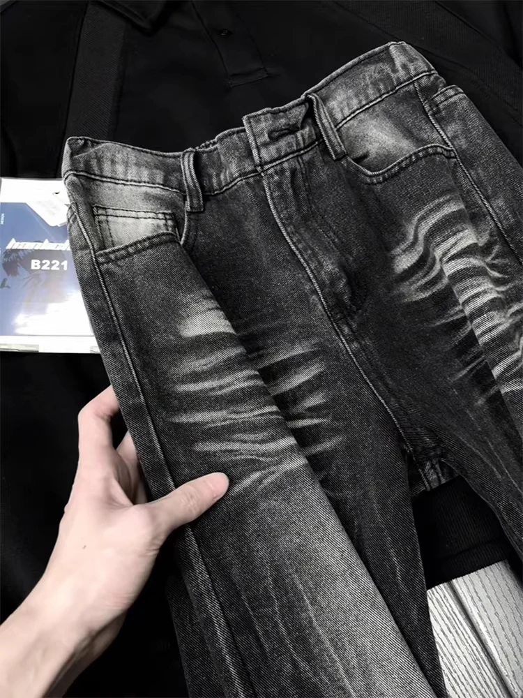 Cleanfit American Style Lightning Pattern Black Jeans Men's High Waist Straight Leg Jeans Lengthening Legs Effect Street Style