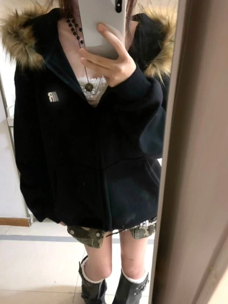 Harajuku Casual Fur Patchwork Hooded Hoodies 2024 Women Y2k Aesthetic Loose Pocket Streetwear Coats Grunge Zipper Sweatshirts