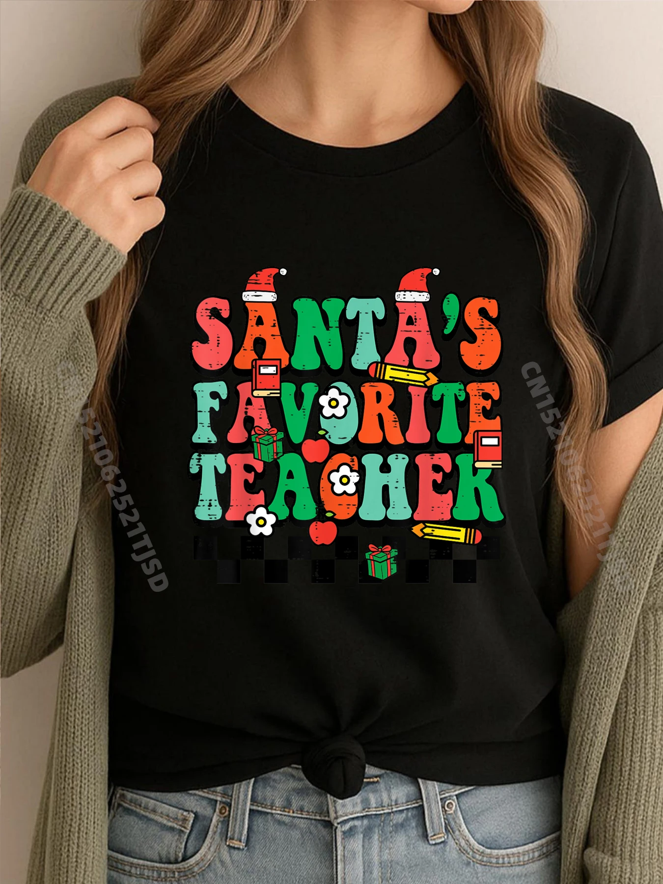 

Футболка Santas Favorite Teacher Groovy Christmas Xmas Blank100 ℅ Хлопковая футболка с коротким рукавом, женская футболка с принтом