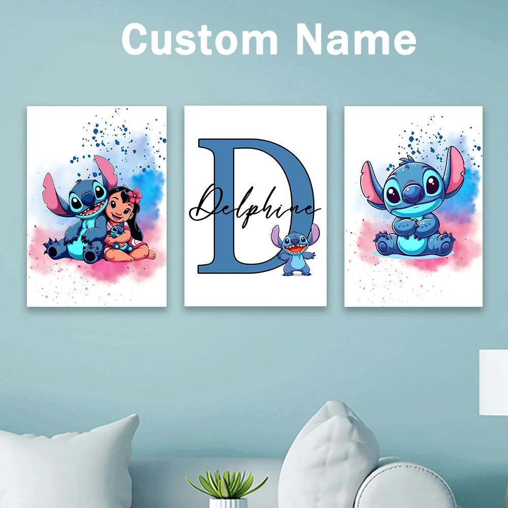 شخصية غرزة اسم ملصق جدار الفن لغرفة الاطفال 3 قطع مخصص غرزة الحضانة جدار الفن طباعة قماش اللوحة هدايا الاطفال