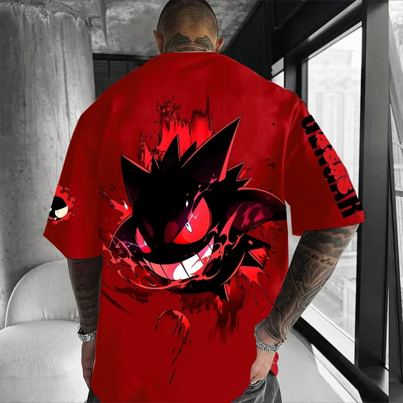 

2026 New Anime Pokemon Gengar Red Flame Print Unisex Oversized Short Sleeve T-Shirt Red Streetwear Tops for Men and Women