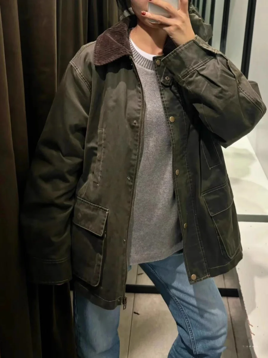 Jaet in velluto a coste di pelle cerata vestibilità ampia con colletto rialzato per donna Autunno Inverno Capispalla Faion Poliestere di media lunghezza