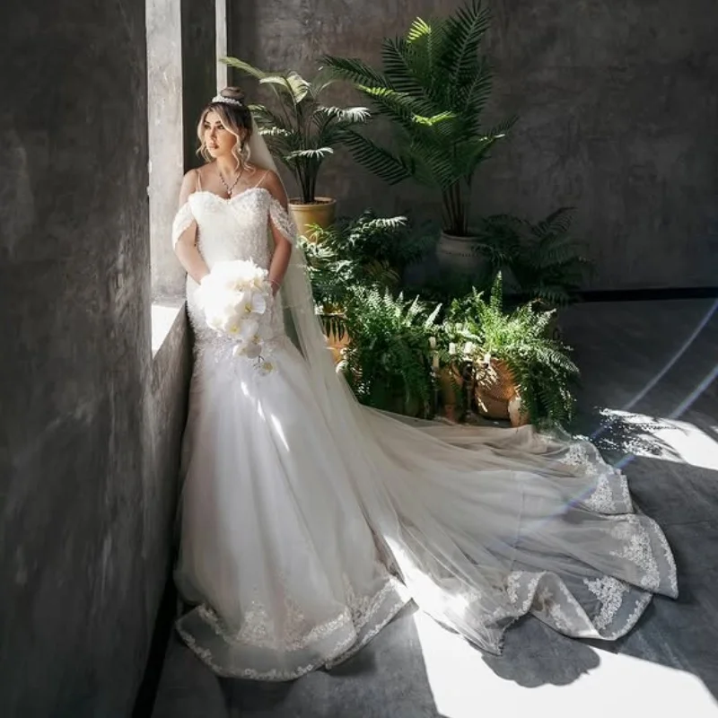 

Customized Shining white Ball Gown Royal Wedding Dresses Lace layering applique Long tail Made Robe De