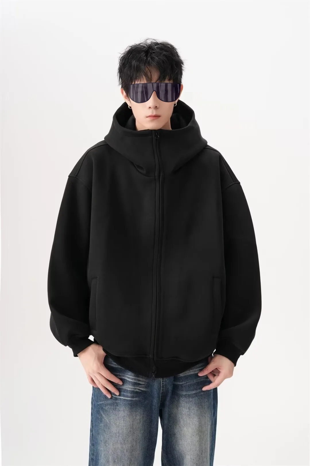 Korean Turtleneck Hoodies for Men Zip Up Hoodies Jacket Autumn Winter Retro Loose Oversized Hooded Sweatshirt Coats Streetwear