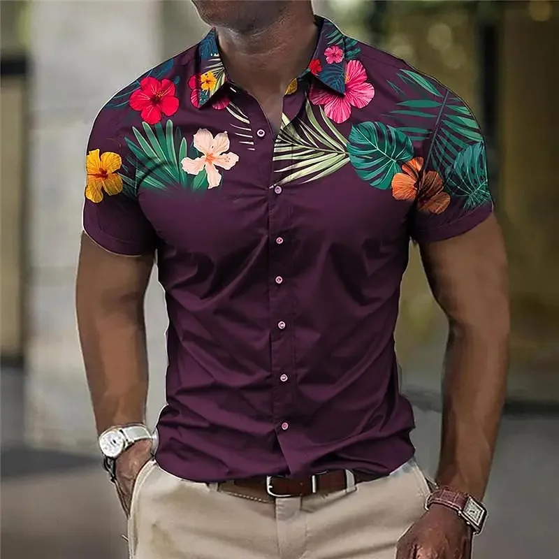 Floral business casual men\'s printed shirt outdoor street work summer slim short-sleeved black four-way stretch fabric