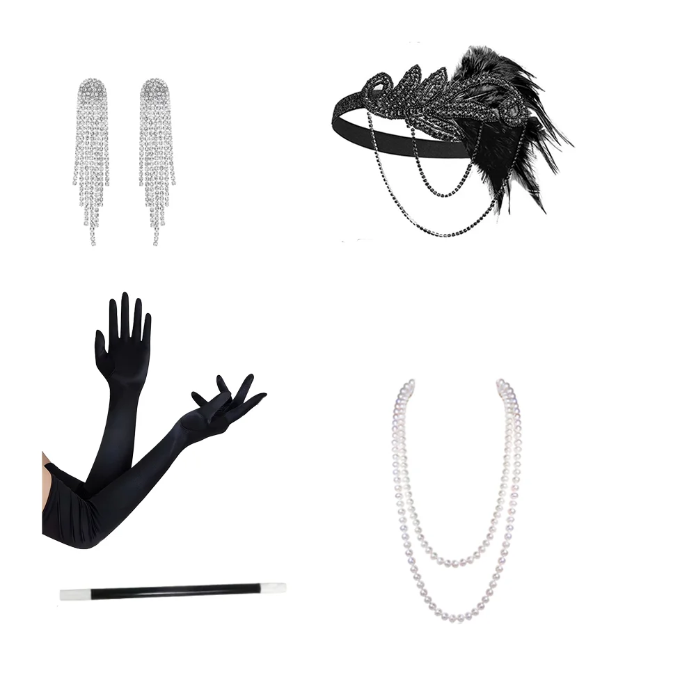 

1920s retro Gatsby style, Jazz Age party outfit: feather headbands, pearl necklaces, and other complete party accessories