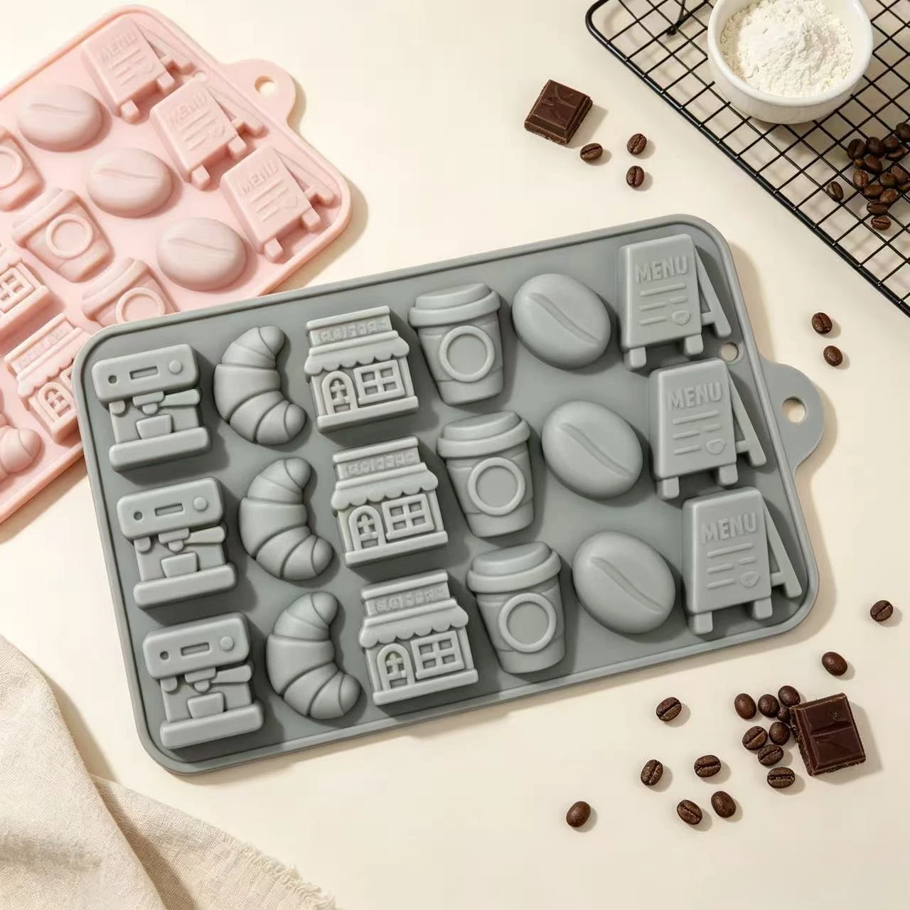 18 Cavity Coffee Shop Silicone Chocolate Mold Coffee Machine Croissant Coffee Bean Store Menu Board DIY Candy Jelly Baking Mould