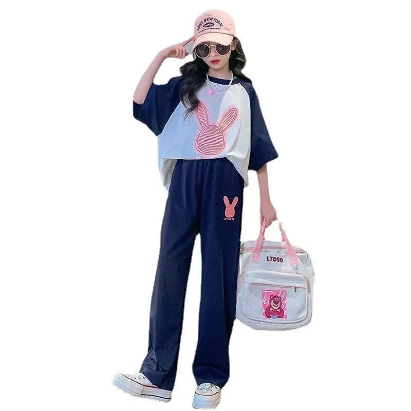 2024 summer Children set Clothes Girls tracksuit casual loose patchwork bunny t-shirt + sport pants Kid Teenager 5 10 11 12 year