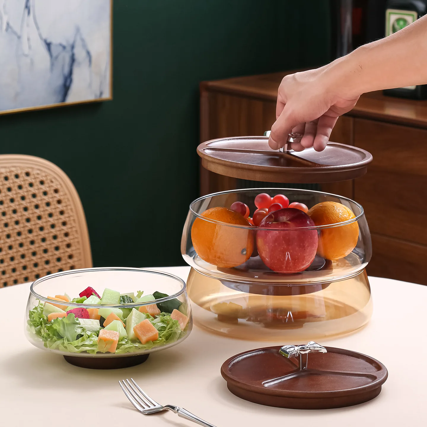 Glass Wooden High-legged Fruit Plate Nut Dry Fruit Box Living Room Coffee Table Candy Fruit Plate Snack Storage Fruit Basin