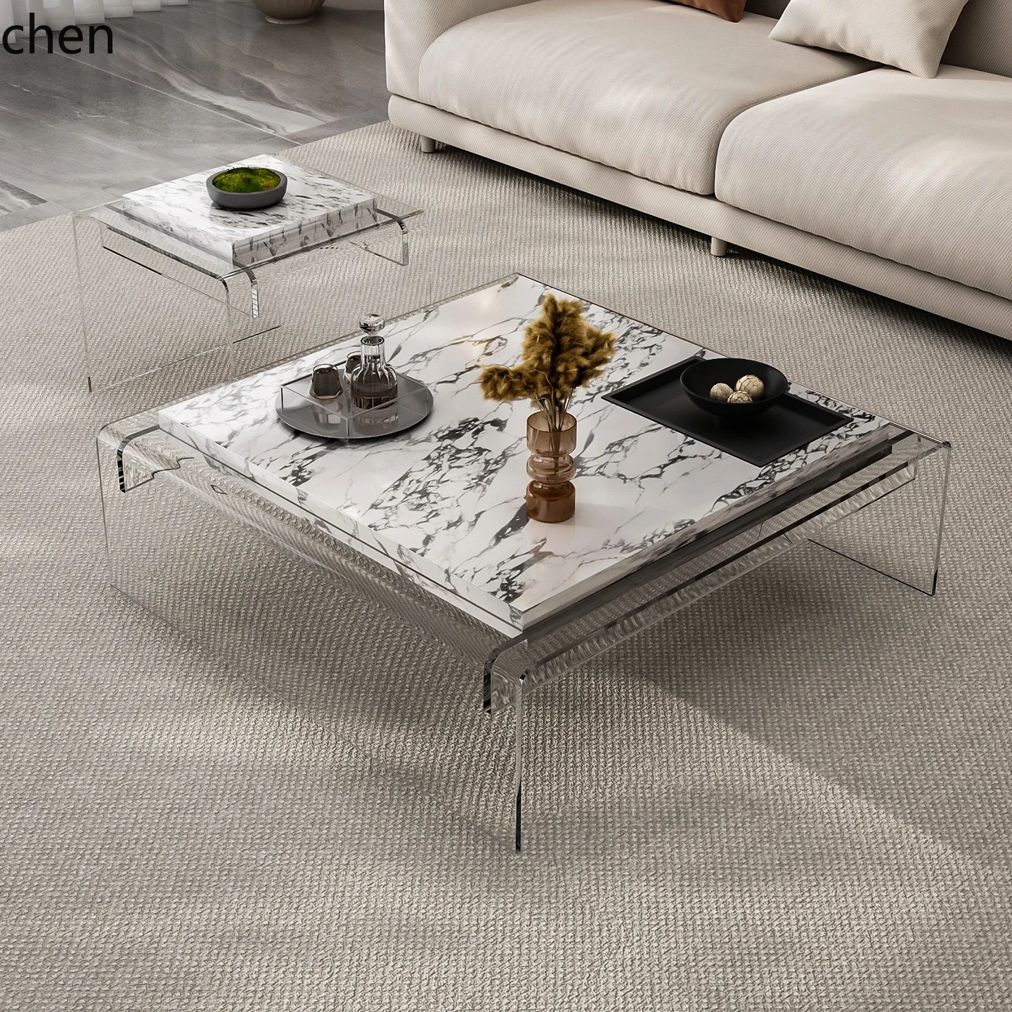 H5.26 nueva mesa de centro colgante de acrílico de alta gama, minimalista y cuadrada, para sala de estar