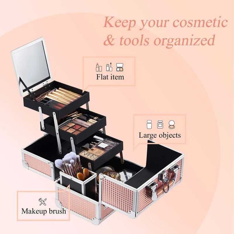 Diamond-patterned hand-held makeup case, large size, double-layered, with iron-reinforced corners, aluminum alloy makeup case,