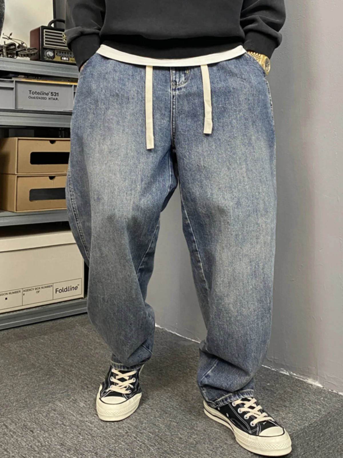 American Style Casual Faded Fat Jeans Men's Straight Loose plus Size Bell Bottom Pants Wear Resistant Long Trousers