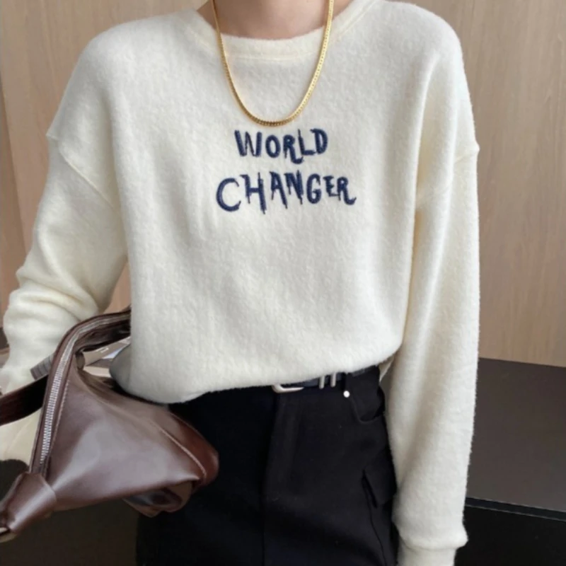 

Tops Women Top Round Neck Full Sleeve Print Letter Y2k Streetwear Elegant Splice Casual Loose Work Regular Autumn Winter 2025