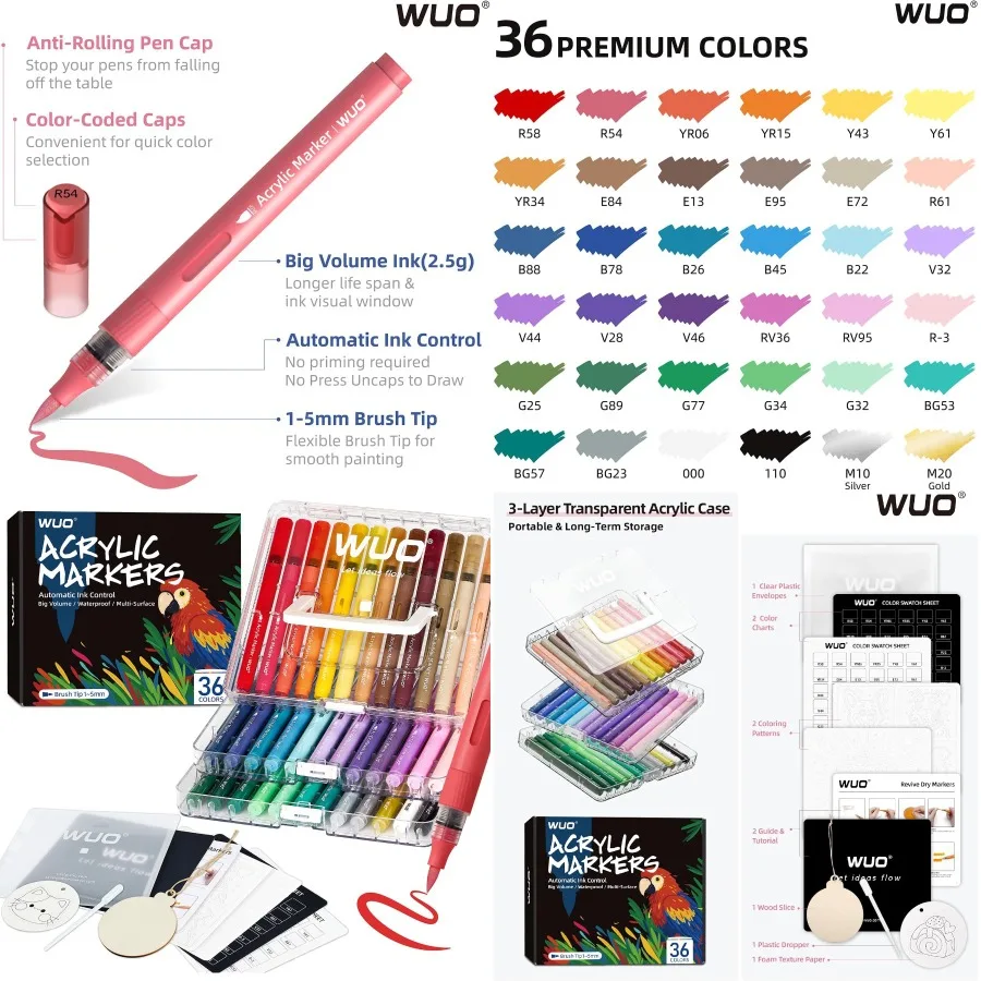 

WUO 36 Colors Acrylic Paint Markers Water-Based No-Bleed Markers with Automatic Ink Control Brush Tip for Multi-Surface Art App