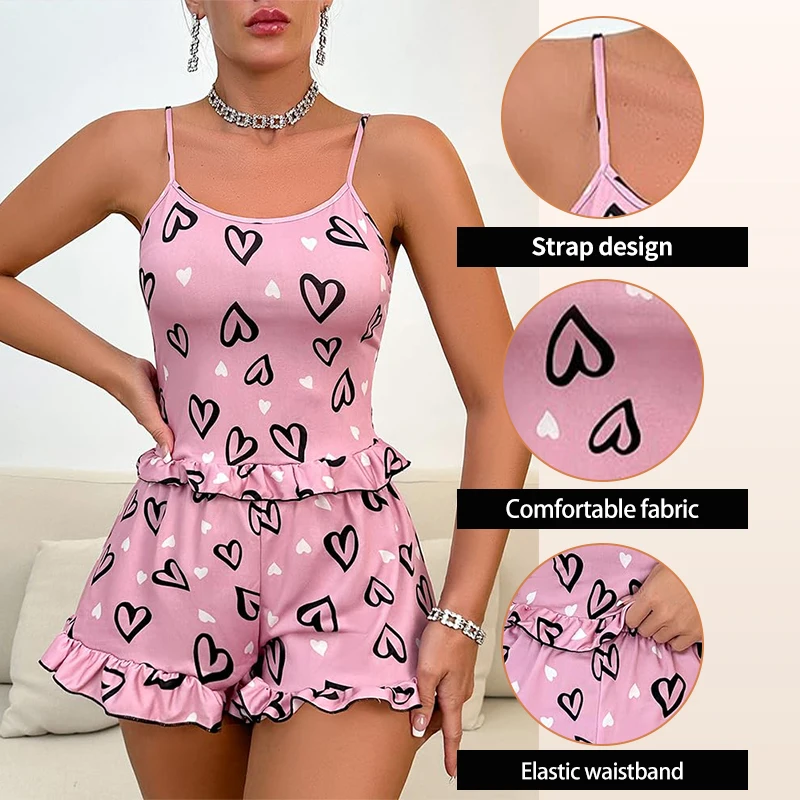 Womens\' Summer Ice Silk Pink Printed Love Pajama Sexy Strap Shorts Home Clothes Set