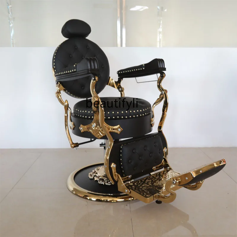 Barber Shop Hairdressing Chair Lifting and Falling Hair Salon Golden Retro Oil Head Large Chair Men's Hair Cutting Chair