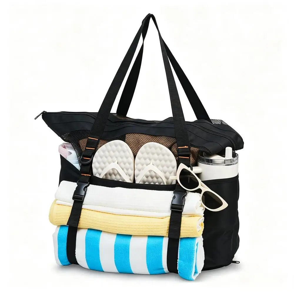 40L Large Mesh Beach Bag Tote Towel Holder Dual Zipper Bottom Sandproof Waterproof for Women Swimming Pool Travel, Blue