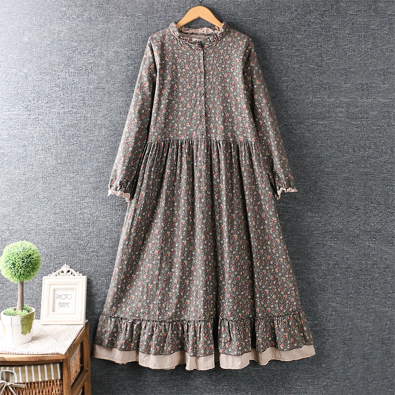 2022 New Summer Artistic Hipster Ruffled Floral Dress Cotton and Linen Loose Dress Female