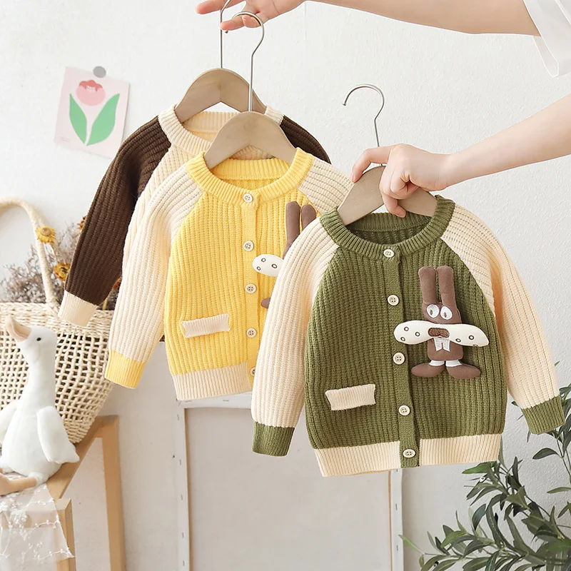 

Autumn Children Boys Cardigan Cartoon Spliced Ribbed Infant Baby Boy Sweater Coat Soft Casual Knitwear Kid Girl Open Stitch Coat