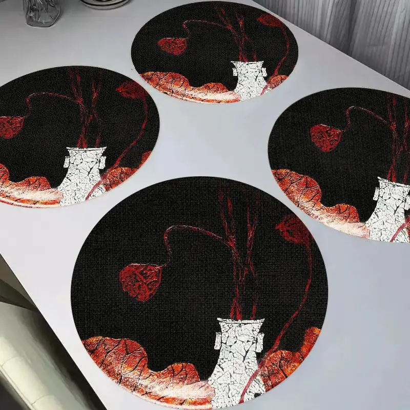 VIKAMA New Chinese Retro Red Lotus Cracked White Porcelain Bottle Round Linen Mattress Insulation Table Decoration