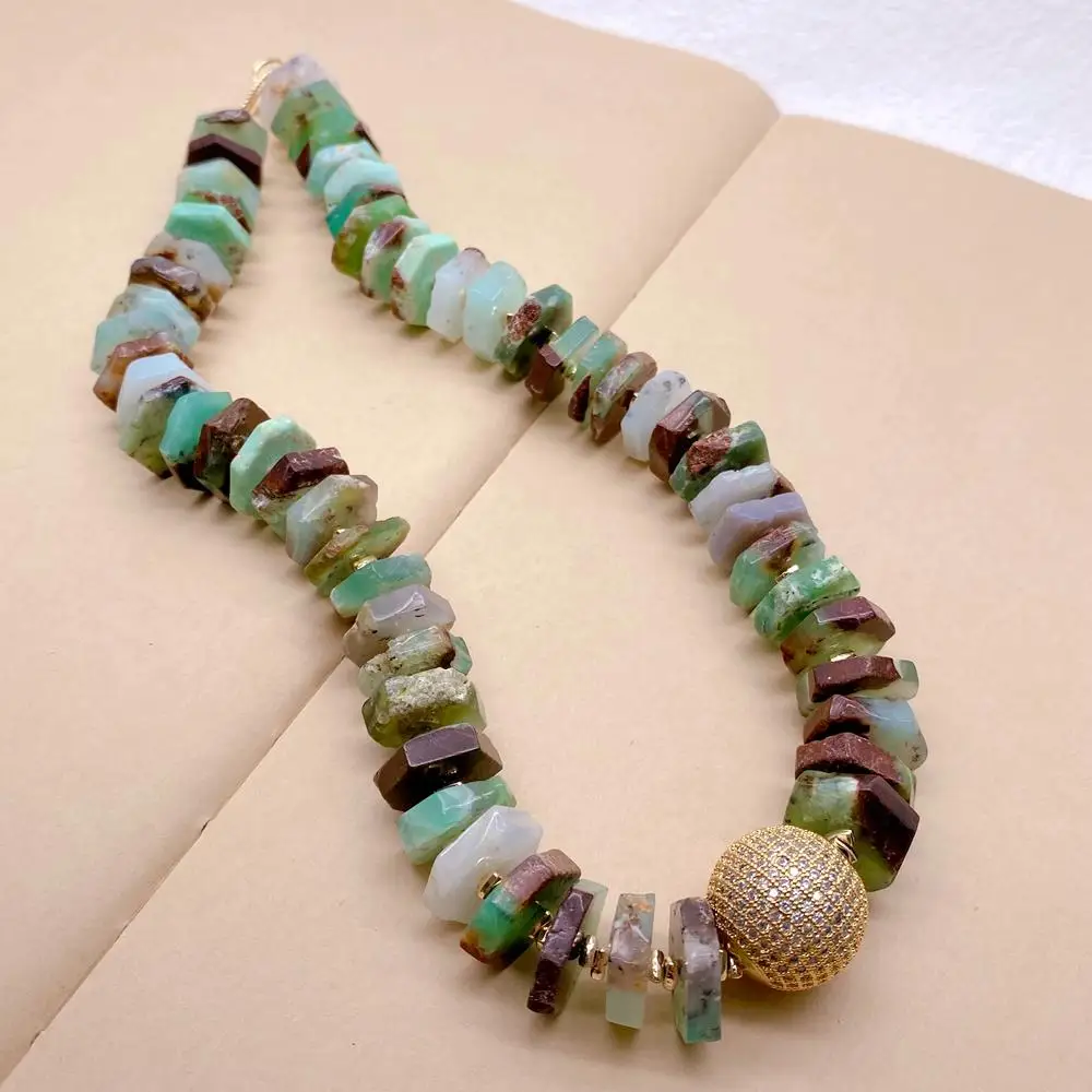

YYGEM Natural Green Stone 4x11mm Chrysoprase Collar Choker Necklace 20mm Cz Pave Bead Elegant