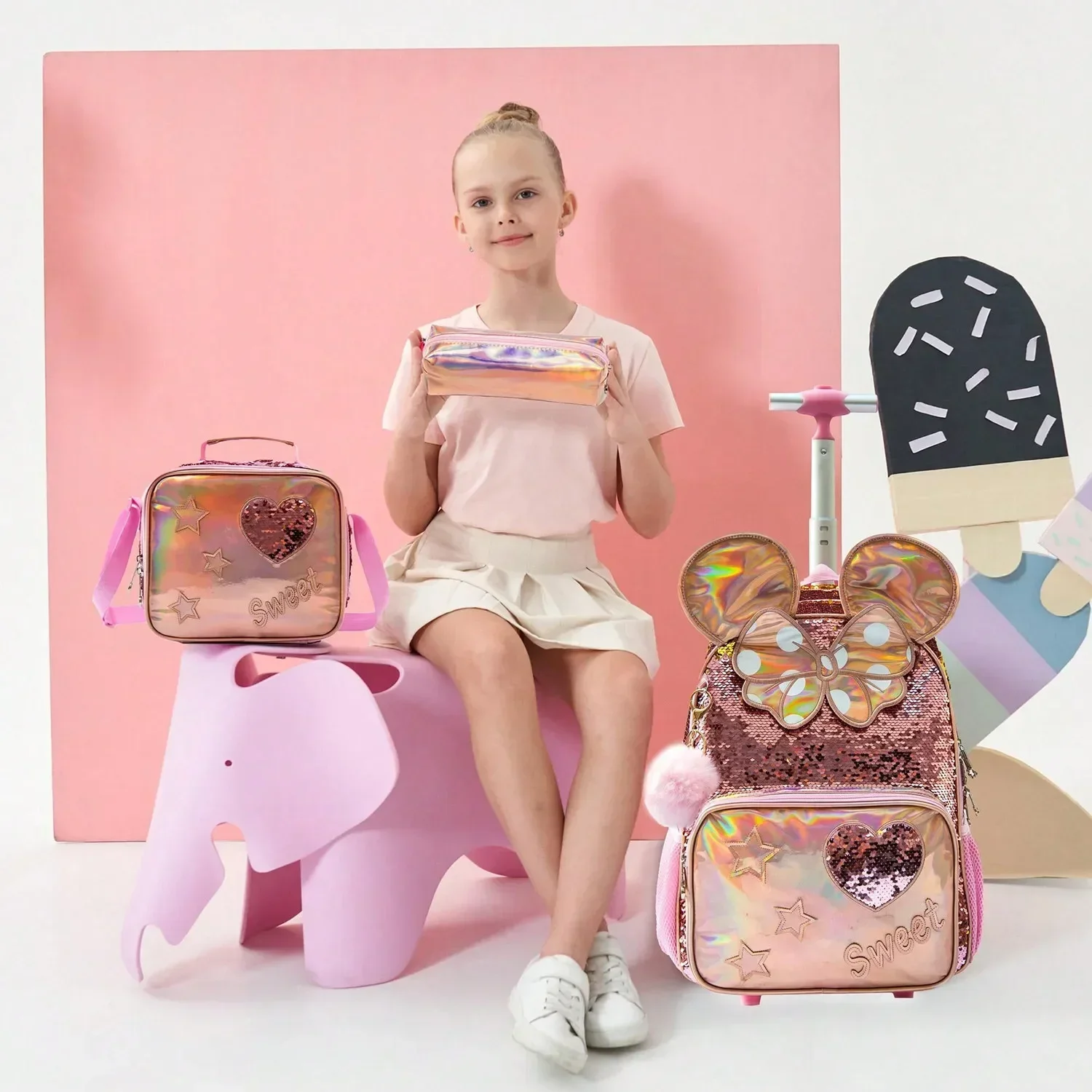 Dropshipping 16 Inch Cute Girl Children Primary School Backpack Girl with Wheels Rolling Bag Set with Lunch Bag Kids School Bags