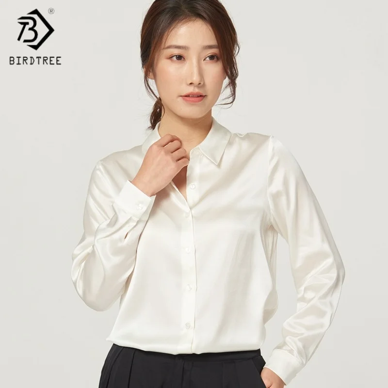 

Birdtree,19MM 93%Real Silk 7%Spandex Blouse,Women's Plain Satin Lapel Casual Tops,Full Sleeve,Single Breasted,2025 New T5D605JF