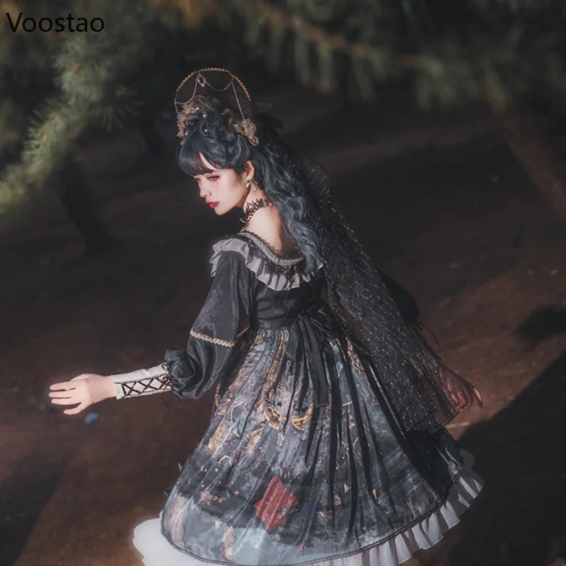 Japanse gothic lolita prinsessenjurk vrouwen vintage victorian dark forest party jurken meisjes harajuku elegante jurk met lange mouwen