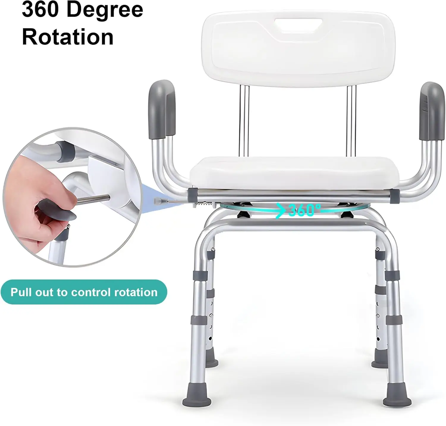 360 Degree Shower Chair Swivel,Portable Seat with Armrests and Back, Adjustable Height Seat for Bathtub (White1)