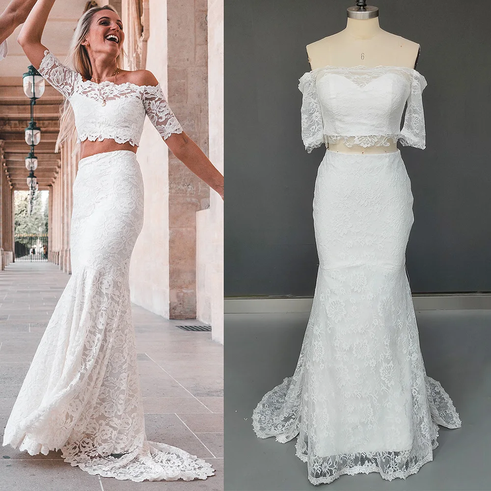 Fora do ombro rendas casamento separa vestido duas peças personalizado mangas curtas colheita topo sereia praia boho jardim vestidos de noiva