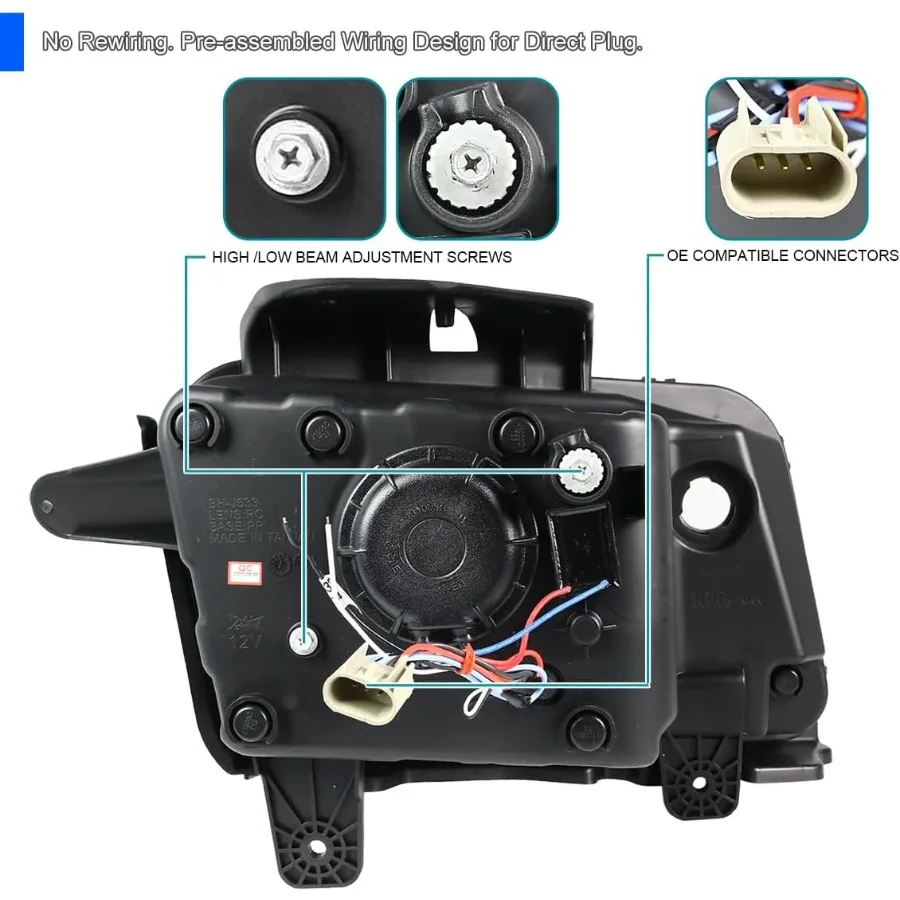 Glossy Black Smoke Projector Headlights w LED Tube Light Bar Compatible with 2010-2013 Chevy Camaro Left + Right Pair Headlamps