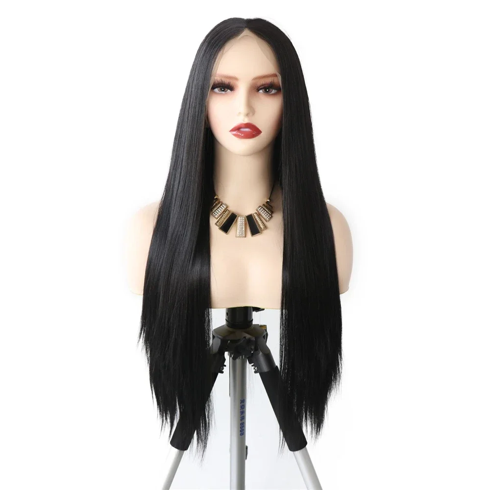 13x6 Lace Front Natural Black Synthetic Long Straight Wig For Women Middle Part Transparent Lace Frontal Fashion Wig Daily Use