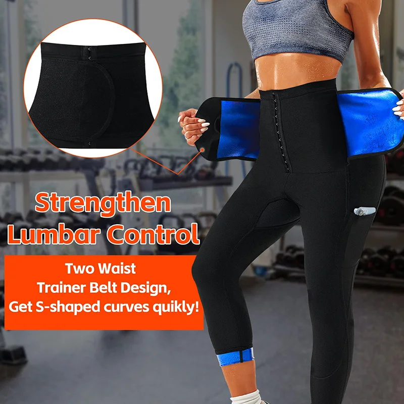 سراويل ساونا نسائية طويلة للعرق للبالغين لتخفيف الوزن، سراويل ضيقة مضغوطة لكامل الجسم مع جيب لتدريب الخصر