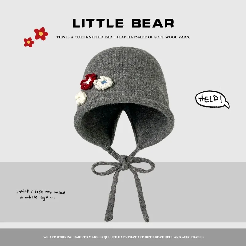 

Корейская версия вязаного пуловера с цветочным гофрированным ручным крючком, женские осенне-зимние теплые шапки-бомберы с защитой ушей