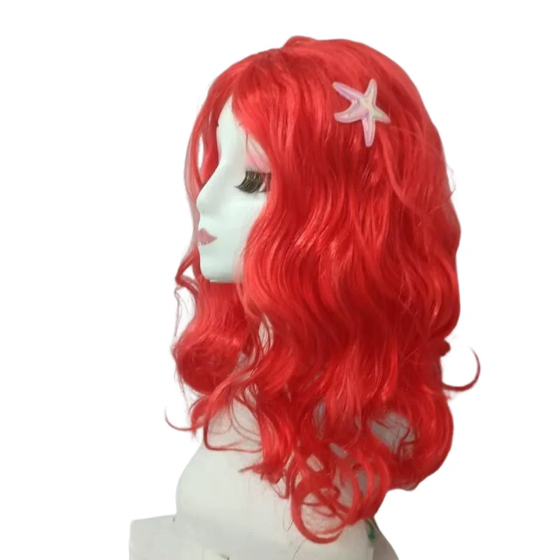 Little Mermaid Ariel Princess Girl Wig Accessories Halloween Carnival Party Kids Anime Red Wig with Starfish Cosplay Dress UP