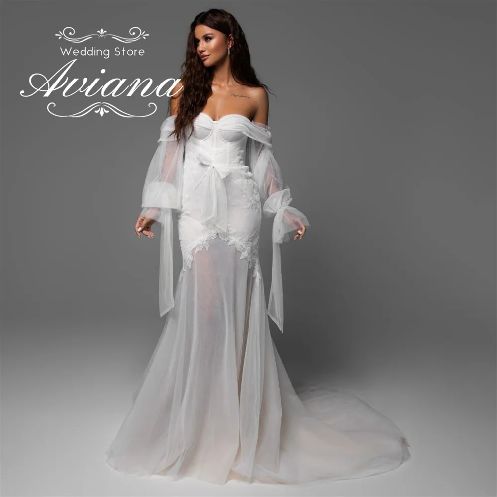 Aviana مخصص الحبيب حورية البحر فستان الزفاف القوس عارية الذراعين سويب تراين الجنية قبالة الكتف طول الأرض يزين الترتر