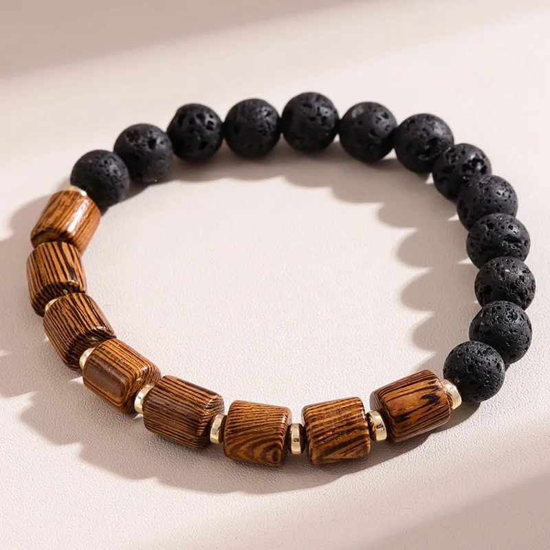 Men's Minimalist Black Obsidian Wooden Bracelet for Style & Versatility – Natural Stone Jewelry for Daily Wear