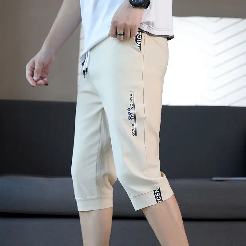 Fashion Printed Letter Spliced Pockets Casual Pants Men Clothing Summer New Loose All-match Elastic High Waist Capri Pants