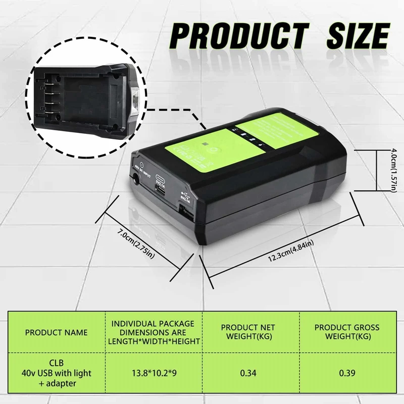 GLB40V Adapter Light For Greenworks Glibo 36-40V Lithium Batteries Overcharge Protection Electric Tool US Plug Easy Install