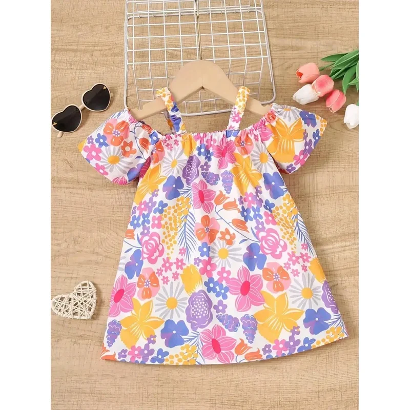 Children's Floral Print Off-Shoulder Suspender Dress Fashionable Casual Elegant Mid-Length Skirt for Girls